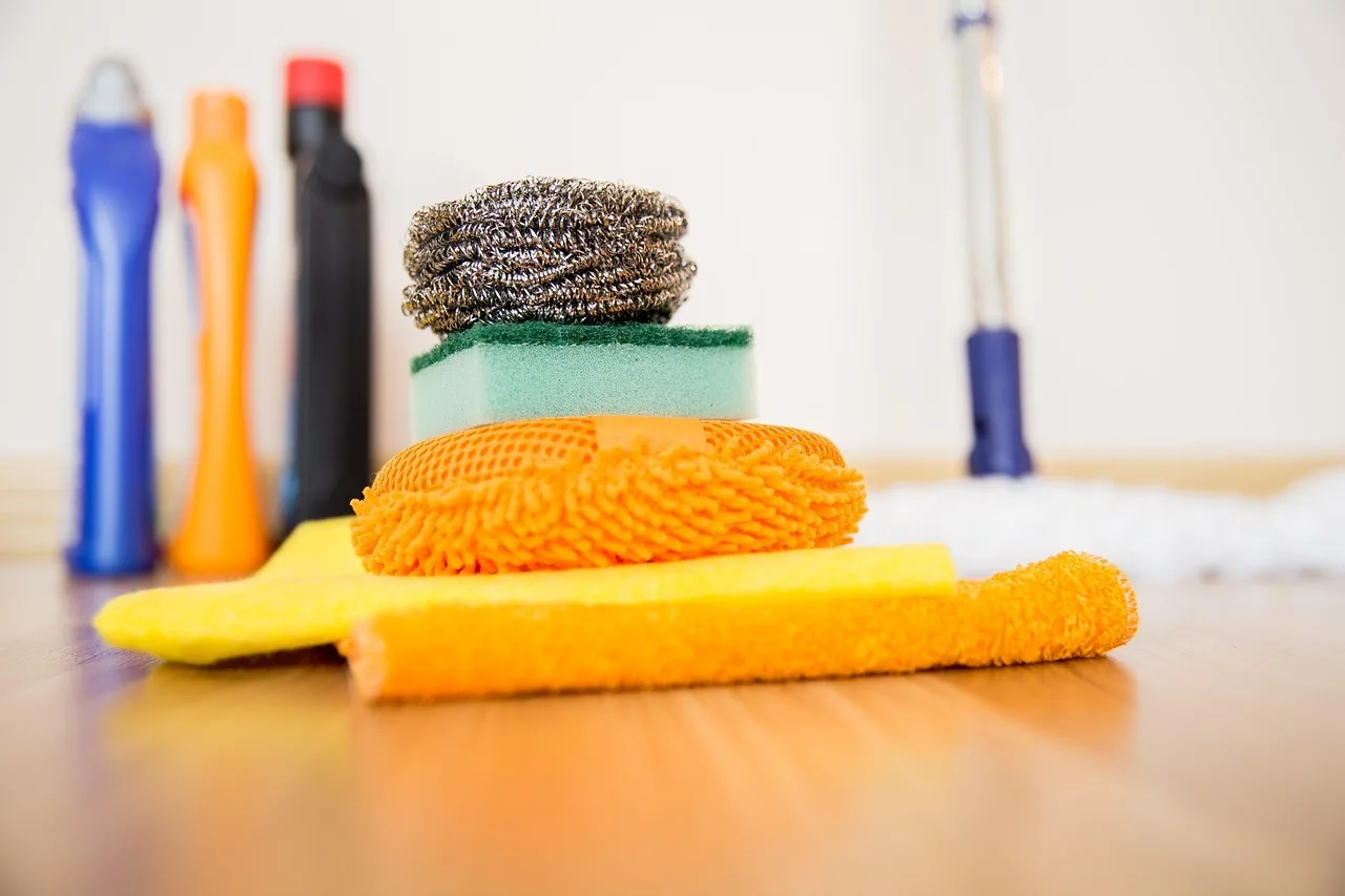 Cleaning cloths, sponges, sprays and a mop on a sunlit timber floor