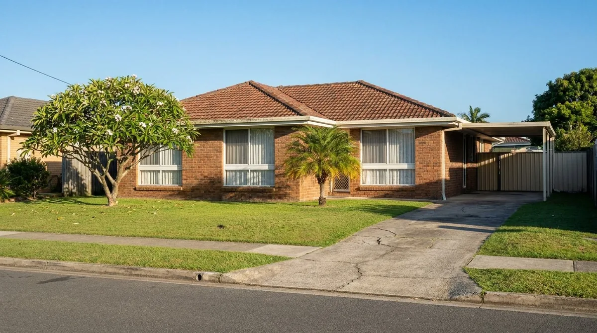 A single-level brick home with a tidy front lawn on a sunny day